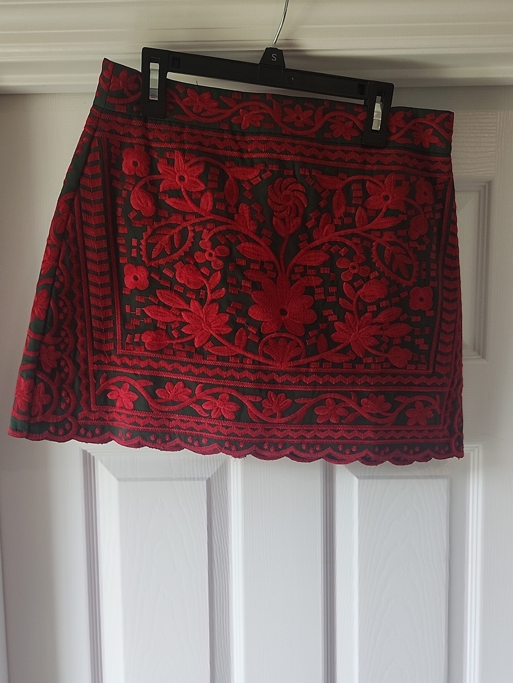 Red Floral Embroidered Mini Skirt